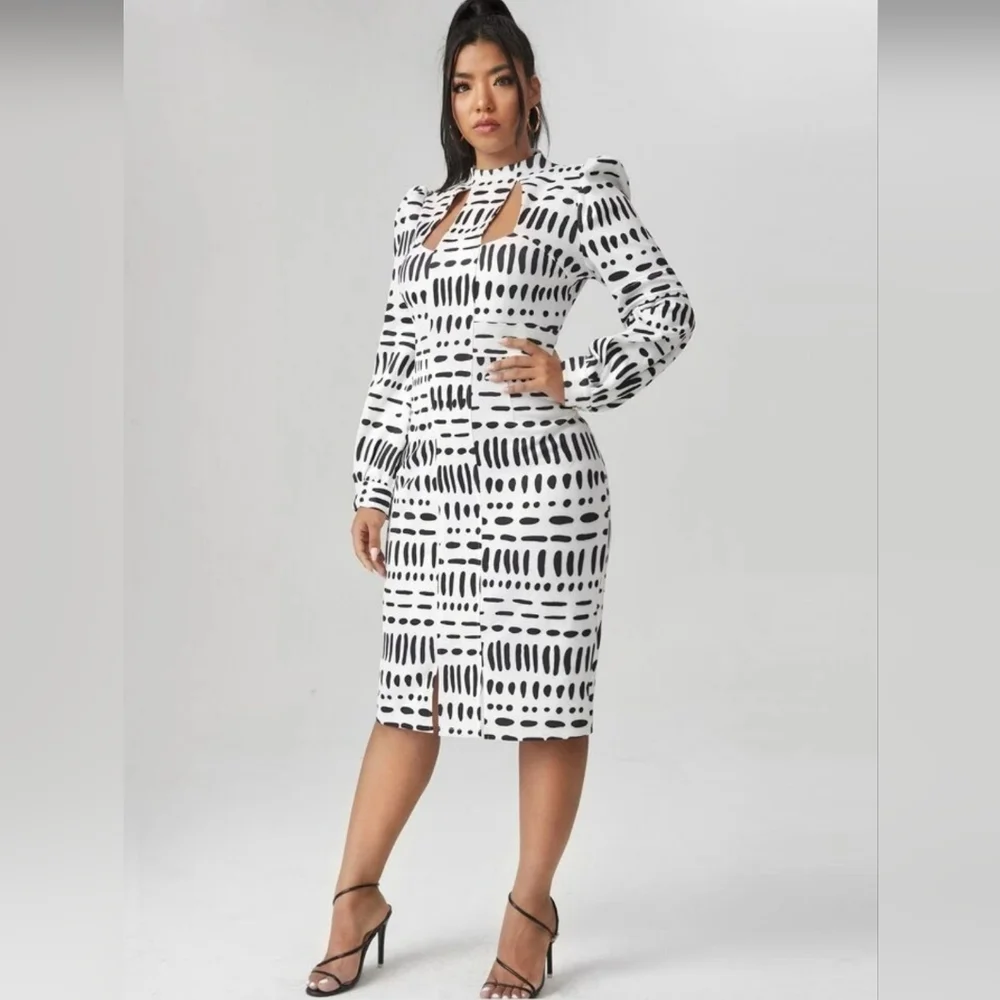 Shein X Women's Black & White Bodycon Cutout High Neck Dress New Size XS - Picture 1 of 12